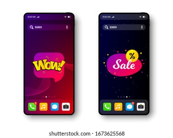 Sale discounts, wow message. Smartphone screen banner. Discount offer badge. Mobile phone screen interface. Smartphone display promotion template. Online application banner. Vector