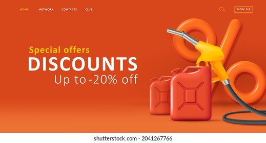 Sale Discpunt Web Banner With 3d Tender Illustration Of Big Percent Symbol With Oil Cans And Gas Gun, Sdvertising On Red, For Gass Station