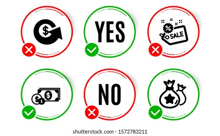 Sale, Dollar exchange and Dollar money icons simple set. Yes no check box. Loyalty points sign. Shopping tag, Money refund, Cash with coins. Finance set. Sale icon. Check mark. Vector