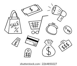 Sale doodle set ,hand-drawn shopping elements, buying concept in sketch style.Simple design drawing by ink, pen,marker.Isolated.Vector illustratation