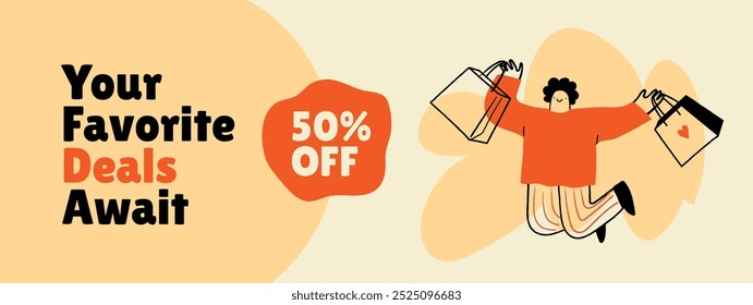 Modelo de banner de web de doodle de venda. Oferta especial com homem abstrato feliz segurando sacos de compras. Ilustração de vetor de conceito de cabeçalho.  