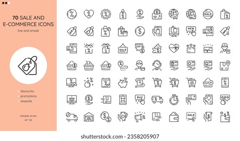 Sale and E-Commerce Icons Set. Loyalty program, Cashbask, Percent Discount, Member card, Coupon, Hot Sale, Great Deal, Promotion, Shopping Online, Client Support. Editable Outline Signs Collection.	