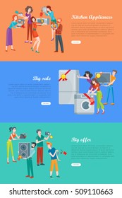 Sale in electronics store banners. Kitchen appliances, big sale, big offer flat vector concepts on color background with home technics and happy people buying electronics. For sale promotion web page