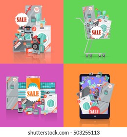 Sale in electronics store concepts. Big collection of house technics and kitchen appliance in shopping trolley, tablet screen, near supermarket on color backgrounds. Black friday. For store promotion