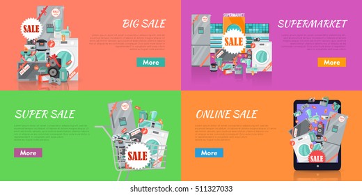 Sale in electronics store concepts. Big collection of house technics and kitchen appliance in shopping trolley, tablet screen, near supermarket on color backgrounds. Black friday. For store promotion