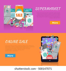 Sale in electronics store web banners set. Collection of home appliances with discounts stickers near store building and on tablet screen. Supermarket and online sale horizontal concepts for shop ad