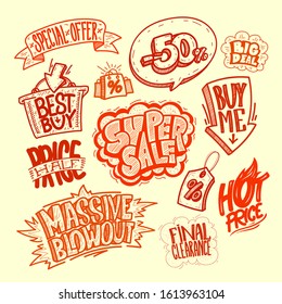Sale elements set - super sale, buy me, massive blowout, best buy, hot price, final clearance, special offer, half price, big deal, etc. Hand drawn graphic signs vector illustration