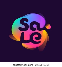 Sale emblem in multicolor gradient blot. Negative space splash icon. Motion style rainbow glossy logo. Perfect for cute app, modern nightlife design, vibrant advertising.