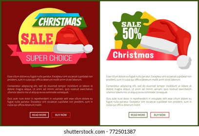 Sale emblems and Santa Claus hats on promo labels, Christmas discounts concept, vector web posters with text, online buttons read more and buy now