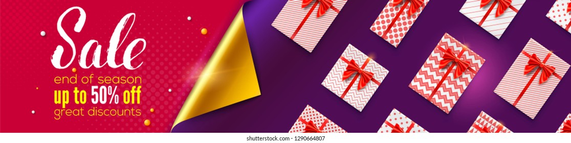 Sale. End of season, up to 50 percent off sale. Ad poster with opened golden corner of wrap paper.Top view on flow of gift boxes with red bow. Template for shopping discounts, holidays actions.