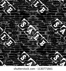 Sale. Event concept. Seamless Pattern. Letters of a word SALE - stamp. Grunge texture. White elements, black background