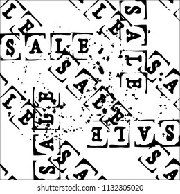 Sale. Event concept. Seamless Pattern. Letters of a word SALE - stamp. Grunge texture. Black elements, white background