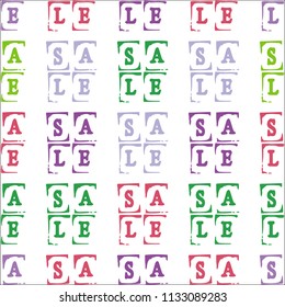 Sale. Event concept. Seamless Pattern. Letters of a word SALE - stamp. Colored elements, white background. For children, women