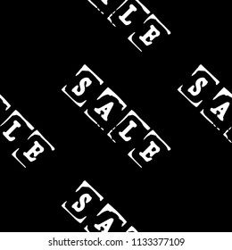 Sale. Event concept. Seamless Pattern. Letters of a word SALE - stamp. White elements, black background. Diagonal arrangement