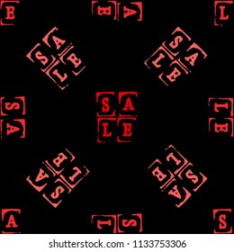 Sale. Event concept. Seamless Pattern. Letters of a word SALE - stamp. Red elements, black background. Rotate 45 degrees