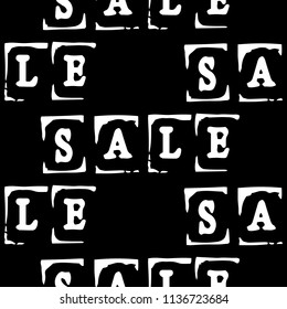 Sale. Event concept. Seamless Pattern. Letters of a word SALE - stamp. White elements, black background