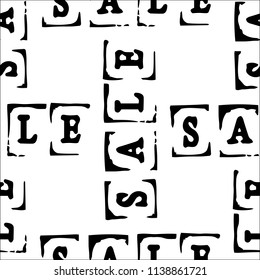 Sale. Event concept. Seamless Pattern. Letters of a word SALE - stamp. Black elements, white background. Straight and perpendicular location