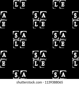 Sale. Event concept. Seamless Pattern. Letters of a word SALE - stamp. White elements, black background