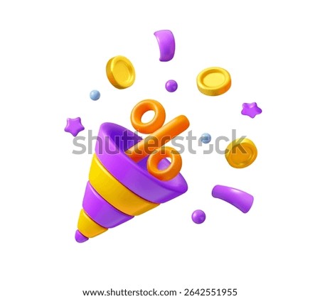Sale event emoji vector 3d icon. Party popper with percent sign, coins and flying confetti. Discount concept. Cartoon firecracker isolated on white background