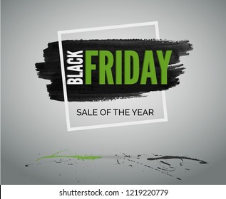 Sale event grunge banner with ink stain, frame, green and black splashes. Black Friday discounts vector web advertisement.