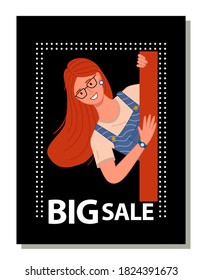 Sale at everything, pretty smiling red-haired girl with glasses peep out from wall, promotional banner for shops, stores, discount at goods and gifts, big sale of clothes, poster, discounts at all