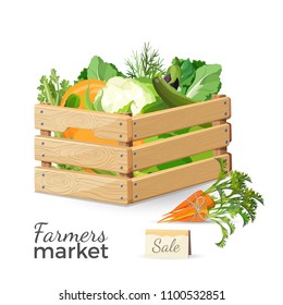 Sale at farmers market promo poster with vegetables in wooden box