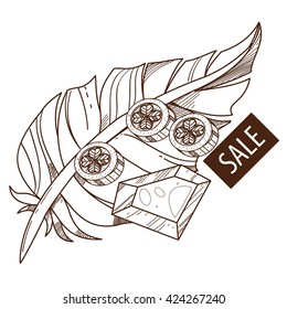 Sale. Feather, ruby and coins. Outline drawing for design.