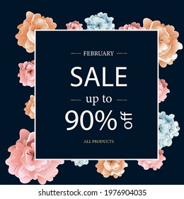 Sale in February. Discounts up to 90% percent. Score. Payment. Shopping center. Store. Illustration. Vector. Blue background. Roses. Flowers. Welcome to the store