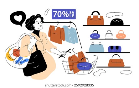 Sale of female bags. Woman in store or shop with handbags, purses and wallets. Fashion and style. Aesthetics and elegance. Retail and commerce. Linear vector illustration