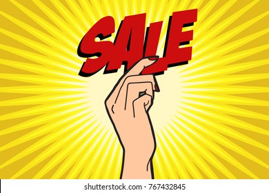 Sale female hand. Comic book cartoon pop art retro color illustration drawing