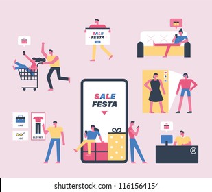 Sale festa mobile app shopping icons and people characters. flat design style vector graphic illustration set