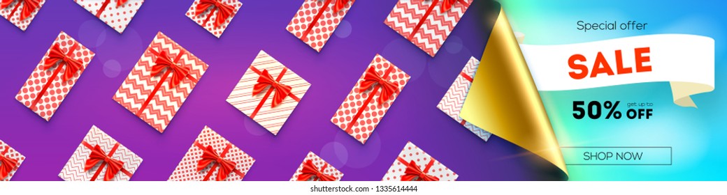 Sale, fifty percent discount. Opened bended corner of paper, set of gift boxes with red ribbons and bows. Ad of sales actions. 3d illustration, vector banner with with creative design