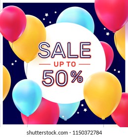 Sale up to fifty percent. Half price design template vector with colorful balloons.