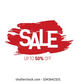 Sale, up to fifty percent lettering on red brushed strokes. Inscription can be used for leaflets, posters, banners.