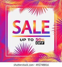 SALE. Sale up to fifty percent off, discount banner for marketing. Vector Sale discount - banner on tropical palm tree frame. Marketing. Advertising design. Instagram color. Palm tree leaves frame RIO