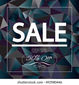 Sale Up to Fifty Percent Off discount banner marketing card Vector Shopping Sale sign triangle modern geometric background. Promotion Advertising design Black Friday sale cyber Monday 50% voucher 2022