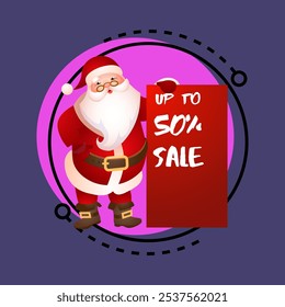 Sale up to fifty percent poster design with Santa. Creative inscription with cartoon character of Santa Claus on abstract background. Can be used for sales, shopping, advertising