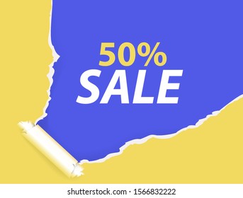 Sale fifty percent with torn paper. Shopping inscription in yellow and blue colors. 