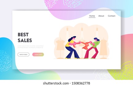 Sale Fight Website Landing Page. Shopaholic Women Fighting Over Sweater during Black Friday Discount in Mall. Female Customers Pulling Clothe in Store Web Page Banner. Cartoon Flat Vector Illustration