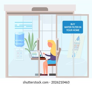 Sale of filtered water, business concept, manager in office take orders from customers for delivery of household home water filter for consumers. Drinkable pure water treatment filtration technology