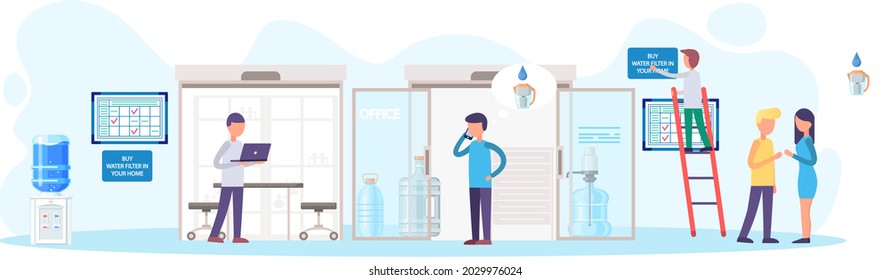 Sale of filtered water, business concept, manager in office take orders from customers for delivery of clean water in bottles for consumers. Drinkable pure water treatment filtration technology