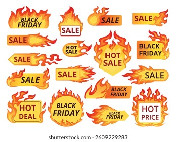 Sale fire badges. Hot deal flame label tag, burn red price special offer text free shopping discount promotion banner sticker market flaming prices button, tidy vector illustration original artwork