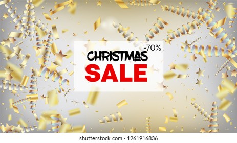 Sale Fireworks Glitter Confetti Card Background. Horizontal Dotted Particles Background. Cool Rich VIP Christmas, New Year, Birthday Party Holiday Border. Gold Fireworks Glitter Confetti