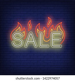 Sale with flames neon sign. Glowing neon lettering. Shopping, sale, discount. Hot sale concept. Vector illustration in neon style for shop advertisement and flyers