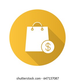 Sale flat design long shadow icon. Shopping bag with dollar sign. Vector silhouette symbol