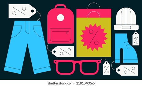 Sale flat vector illustration. Clothes with sale price tags, jeans, backpack, glasses, shoes, bini and shopping bag. Shopping for clothes, Black Friday concept. Simple colourful cartoon design.