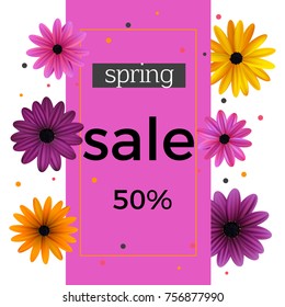 Sale. Floral background. Spring. Vector illustration. Daisies. Discounts. The announcement.