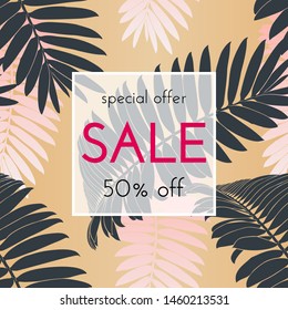 Sale floral card. Palm branch ink sketch. Fashion print for a banner, shopping, discount, invitation. Vector illustration for your social media template design