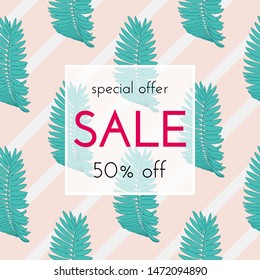 Sale floral card. Palm branch ink sketch. Fashion print for a banner, shopping, discount, invitation. Vector illustration for your social media template design