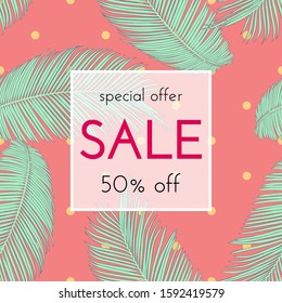 Sale floral card. Palm branch ink sketch. Fashion print for a banner, shopping, discount, invitation. Vector illustration for your social media template design